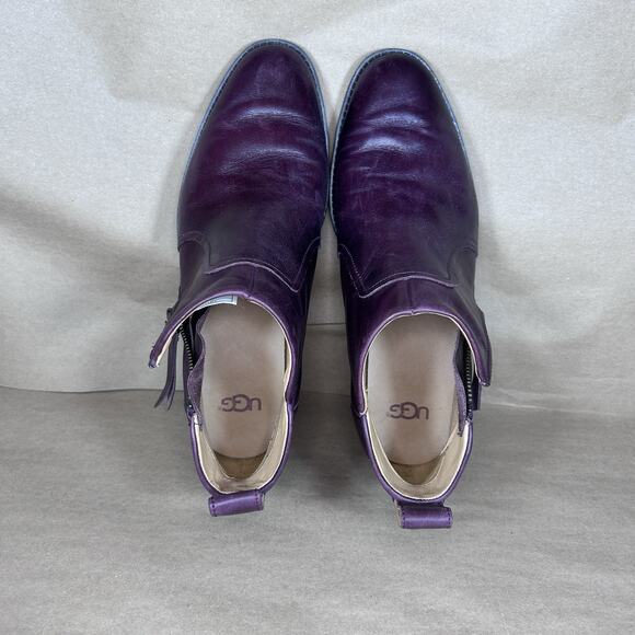 UGG Women Sz 8.5 Aureo Leather Zippered Ankle Bootie Almond Toe Burgundy Purple - Picture 9 of 10